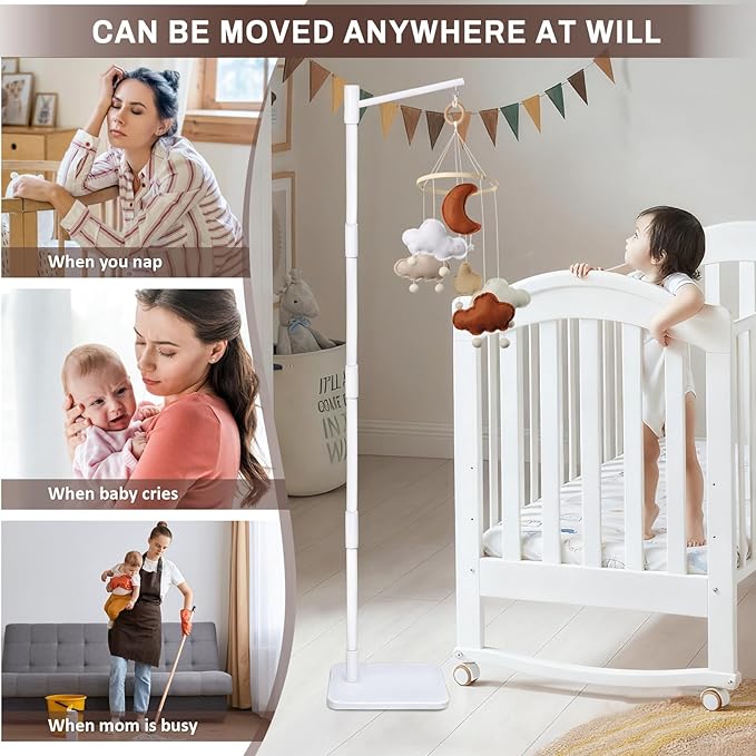 White Floor-Standing Crib Mobile Arm - 65" Baby Mobile Stand for Crib - Mobile Arm for Crib - 100% Beech Wood - Adjustable Mobile Hanger with Anti-Tip Base - Easy Assembly - Modern Nursery Decor