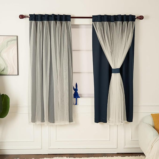 INLINAS Navy Blue Blackout Curtains with Sheer Overlay - Back Tab and Rod Pocket Thermal and Noise Reduction Panels for Bedroom and Living Room Light Blocking and Energy Saving, 52 x 63 Inch, Set of 2