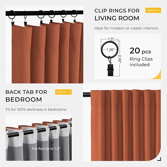 INOVADAY 100% Blackout Curtains for Bedroom, Black Out Curtains 120 Inch Long, Clip Rings Linen Blackout Drapes, Thermal Insulated Room Darkening for Living Room, 2 Panels - Orange,W50xL120