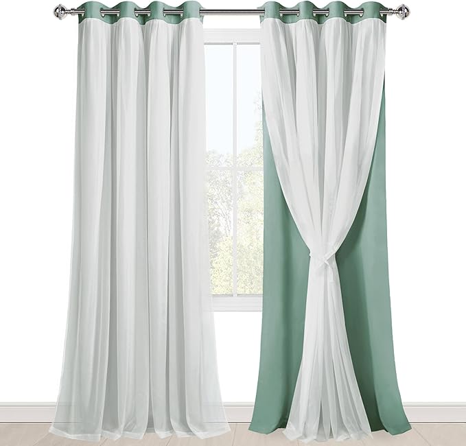 Hiasan Light Sage Green Blackout Curtains for Bedroom, Mix & Match Double Layer Thermal Insulated Privacy Grommet Window Curtains for Living Room,2 Drape Panels with Tiebacks,52W X 96L