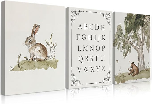 LSXARTQQ Set of 3 Woodland Nursery Wall Art Neutral Forest Animal Alphabet Canvas Wall Decor Vintage Nursery Wild Animals Paintings Pictures Kids Boys Girl Room Bear Bunny Artwork Prints(16x24inch)