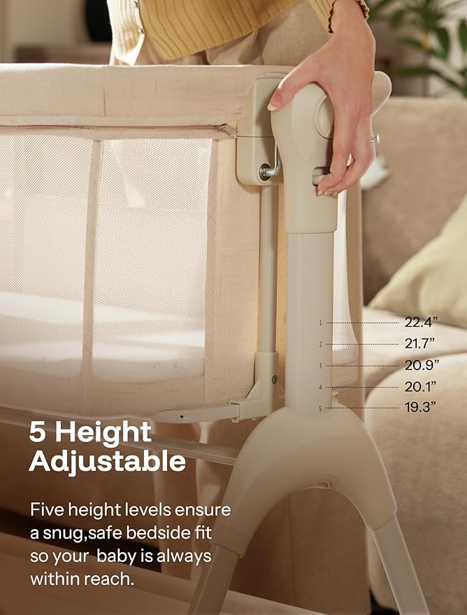 HARPPA Cuddly Baby Bassinet Bedside Sleeper, 3 in 1 Rocking Bassinet with Mattress and Soft Cover, Full Mesh Sides, 5 Height Adjustable with Wheels for Newborns, Beige