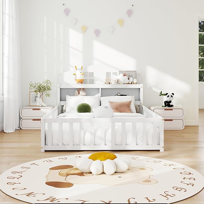 mikibama Full Floor Bed for Kids, Wooden Montessori Bed Frame with Headboard Bookcase, Storage Shelves & Safety Fence Rails, Kids Floor Bed Frame with Door for Girls, Boys, White
