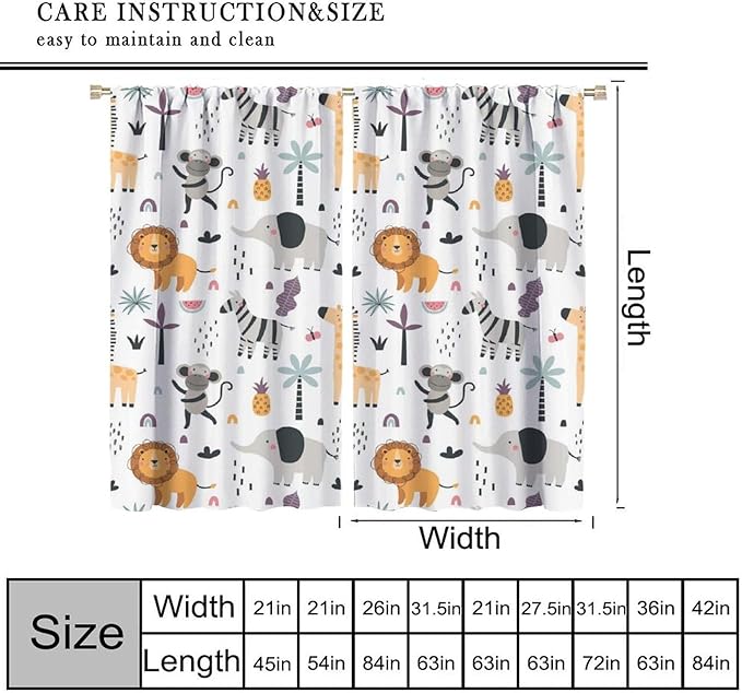 Cute Cartoon Animals Curtains Tropical Jungle Animals Elephant Giraffe Monkey Lion Modern Abstract Aesthetics for Kids Boys Bedroom Nursery Rod Pocket Decoration Window Drapes 2 Panels W31.5xL72in