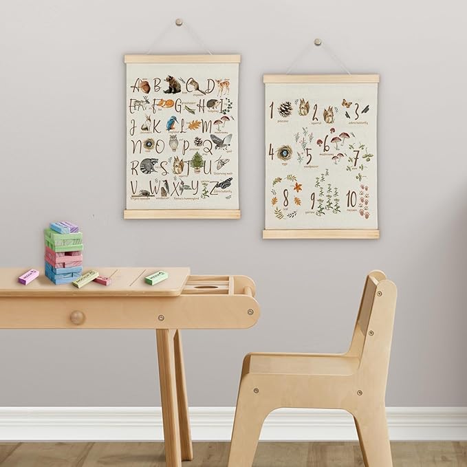 SereneHanctuary Alphabet Number Nursery Wall Art,Classroom Wall Decor, Animal Botanical ABC Numbers 1-10 Educational Poster Hanger Frame for Kids Room Classroom Decor,12x16 Inches Set of 2