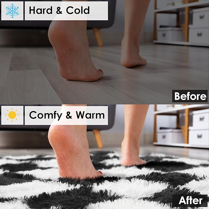 KICMOR 5x7 Area Rugs for Living Room Bedroom, Black and White Fluffy Soft Checkered Fuzzy Shag Shaggy Carpet, Indoor Plush Large Rug for Kids Boys Girls Teen Dorm Nursery Home Decor Aesthetic
