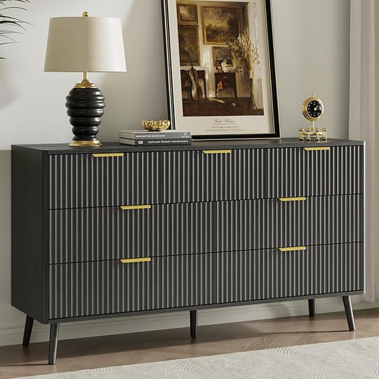 LYNSOM 55" Wide Fluted Dresser for Bedroom with 6 Drawer, Modern Chest of Drawers with Curved Profile Design and Metal Handles, Wood Dresser TV Stand & Storage Organizer for Living Room, Black