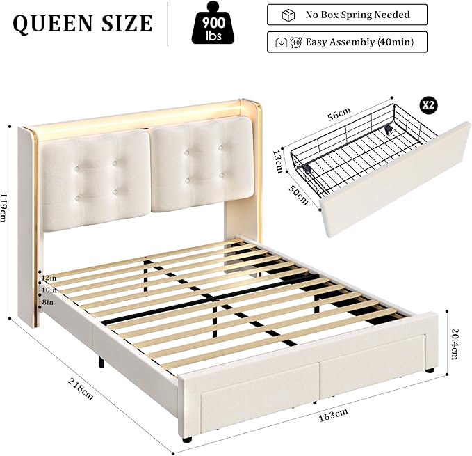 HITHOS Upholstered Queen Led Bed Frame with Charging Station and Storage Drawers, Velvet Princess Platform Bed Frames with Crystal-Button Tufted Headboard for Girls and Kids, No Box Spring Need, Beige