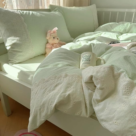 LifeTB Green Gingham Duvet Cover Full 3 Pieces Romantic Lace Duvet Cover Soft Washed Microfiber Green Grid Plaid Comforter Cover with 2 Pillowcases Farmhouse Checkered Gingham Bedding Set