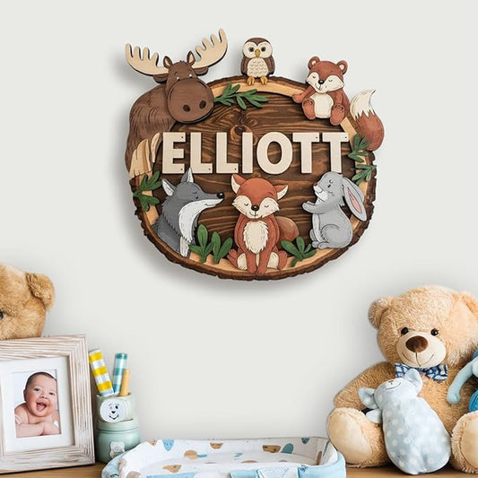 Personalized Baby Name Wooden Sign, Animals, Nursery Decor, Baby Gifts, Custom Name Sign, Wall Art, 8 Inch, Rustic