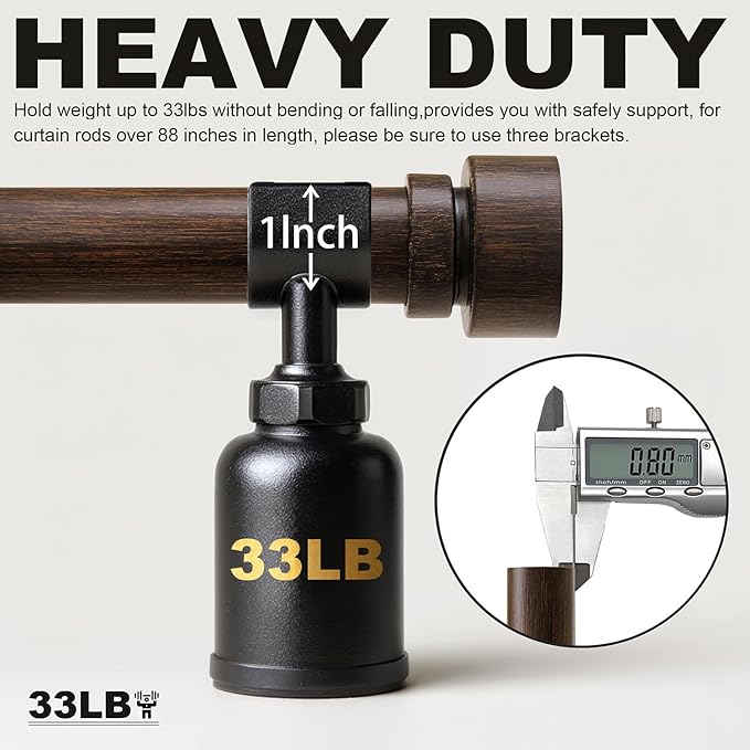 2 Pack Deep Walnut Wood Grain Curtain Rods for Windows 48 to 84 Inches 1" Diameter Heavy Duty Window Curtain Rod Adjustable with Solid Finials for Living Room Bedroom Kitchen Farmhouse Outdoor