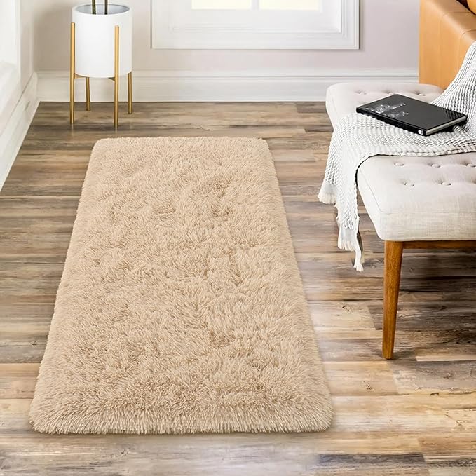 BENRON Fluffy Runner Rugs 2x4, Soft Long Runners for Bedroom Hallyway Entryway Kitchen, Washable Fuzzy Throw Rug for Kids Girls Room Decor Photo Prop, Light Tan