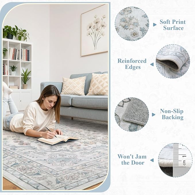 Wonnitar 5x7 Washable Area Rugs, Blue Vintage Floral Rug for Bedroom Decor, Soft Cozy Low Pile Non-Slip Boho Floor Carpet for Living Room Kids Room Office Indoor Décor