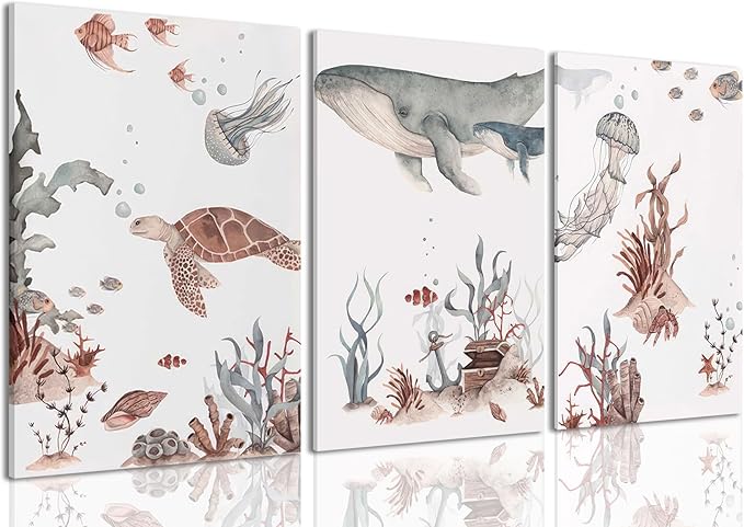 Wodkwq Ocean Nursery Decor,Nursery Wall Decor,Kids Bathroom Decor,Under The Sea,Boys Room Sea Animal Wall Art Picture Canvas Prints Set of 3,Bedroom 12x16 Inch Framed