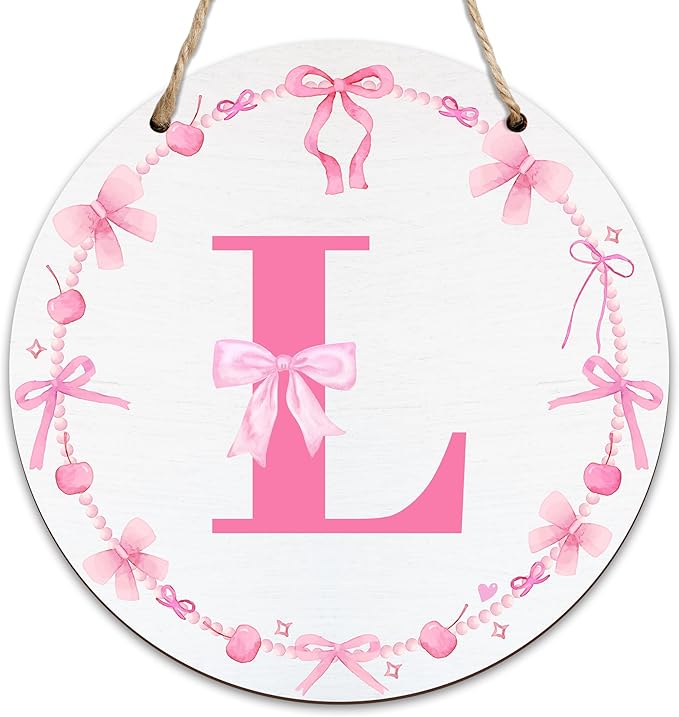 Monogram Round Sign For Front Door, Cherry Bow Theme Sign For Porch Art Wall Door, Initial Signs Hanging Ornament For Indoor Outdoor, Decorations Gifts For Four Seasons Rustic Home Kitchen, L, A12