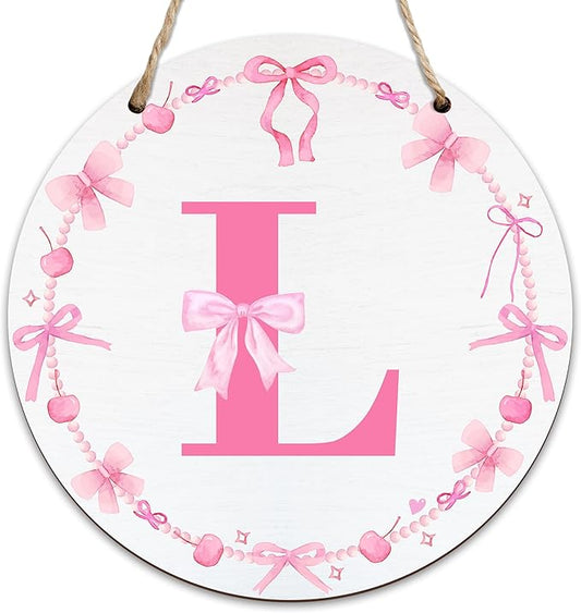 Monogram Round Sign For Front Door, Cherry Bow Theme Sign For Porch Art Wall Door, Initial Signs Hanging Ornament For Indoor Outdoor, Decorations Gifts For Four Seasons Rustic Home Kitchen, L, A12