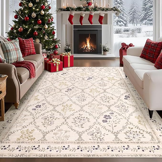 YIHOUSE 6x9 Washable Rug for Bedroom, Beige Floral Rugs for Living Room Non Slip Ultra-Thin Large Boho Rug for Kids Playroom, Classroom, Girls Dorm, Nursery, Beige Multi