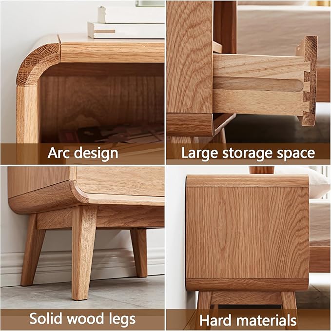 Solid Wood Nightstand, Mid Century Modern Small Nightstand with Two Drawers, Small Night Stand with Open Shelf, Oak Bedside Table for Bedroom, Dorm(Natural Wood Color)