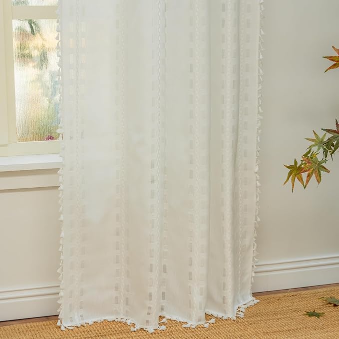Deeprove Cream White Boho Curtain 96 inches Length for Living Room Bedroom Nursery Laundry Room, Bohemian 96 inches Long, Shabby Chic Country Rustic Embroidered Window Decor W52 x L96, 1 Panel