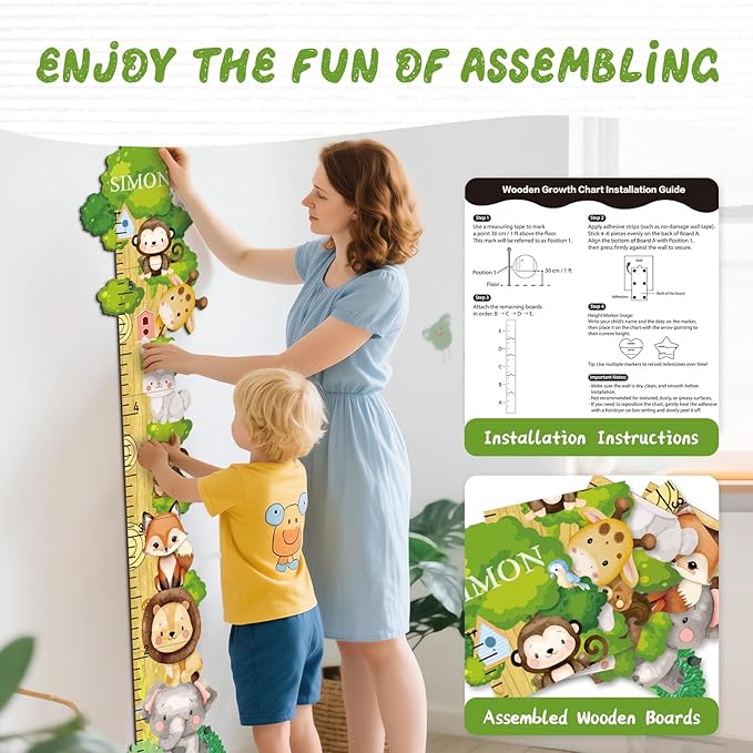 Personalized Name Wooden Growth Chart for Wall - Forest Animal Stack Size Height Chart for Kids, Growth Measuring Board and Kids Height Wall Chart, Children Playroom Decor