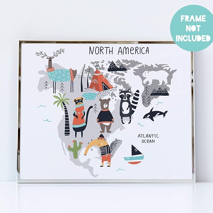Ritzy Rose 5 Continents World Map Animal Zoo Prints for Kids Whimsical Wall Art - Five Children's Posters Baby's Nursery Child's Bedroom (Unframed) Decor Printed Boys Girls (World Map)
