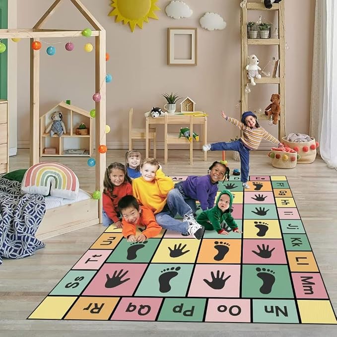 Hopscotch Play Rugs Kids, ABC Alphabet Education Carpet, Playroom Bedroom Living Room Decor Learning mat (Pink,79x118 in)