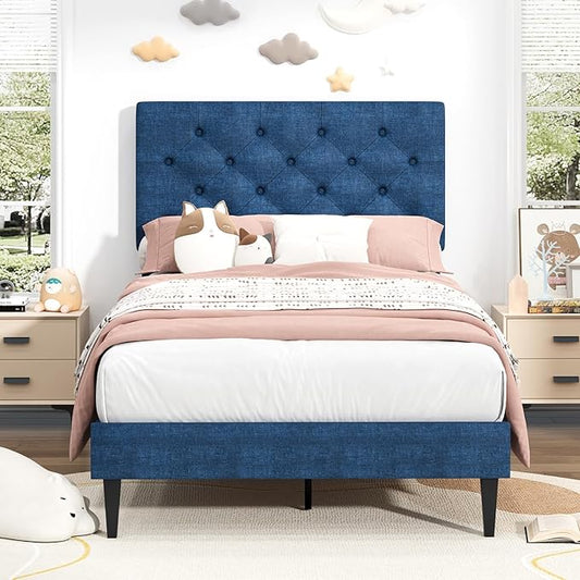 BarnFurin Twin Bed Frames with Button Tufted Headboard, Linen Upholstered Platform Bed with Wooden Slats Support, Easy Assembly, No Box Spring Required, Navy Blue