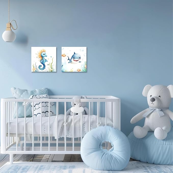 2 Piece Ocean Sea Canvas Wall Art for Nursery Decor - Cute Baby Seahorse Shark Underwater Paintings Pictures Ocean Theme Sea Life Posters Prints for Kids Room Bathroom Decor(Artwork-02, 16"x16"x2P)