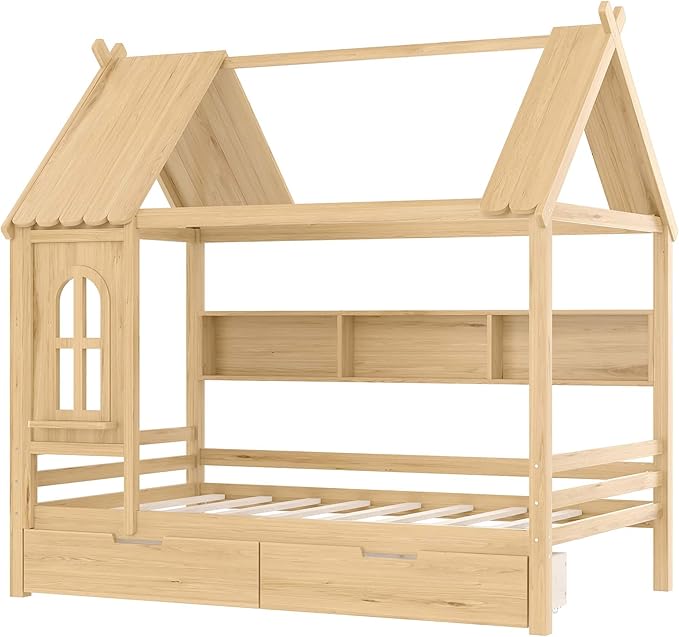 MERITLINE Full Size House Bed with Storage Drawers & Window, Solid Wood Platform Bed Frame with Shelves, No Spring Box Needed, Childlike Design for Kids, Girls, Boys, Natural