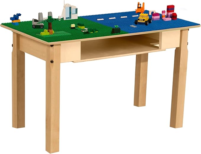 Contender Time-2-Play Montessori Toddler's 30.75" Rectangular Plywood Blue & Green Lego Blocks Compatible Table with Shelf, Solid Wood Desk for Playroom/Daycare/Preschool [18" Long Legs]