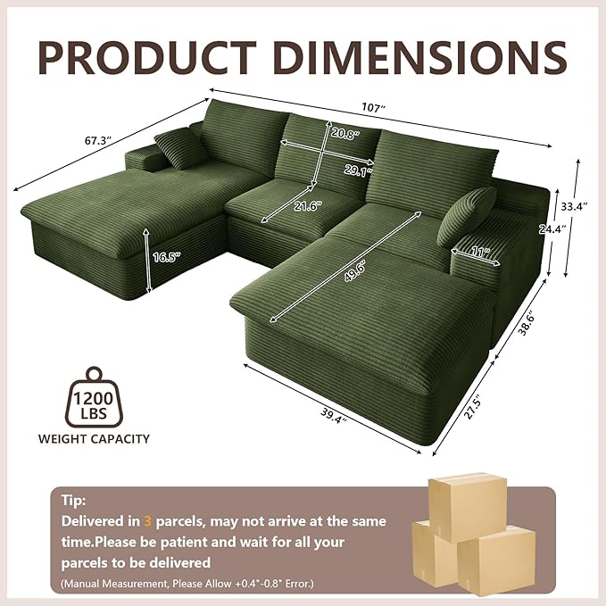 107" Cloud Modular Sectional Sofa with 1 Ottoman, Modern Upholstered Corduroy Couches, Comfort U Shaped Sofa for Living Room, Deep Seat Boneless Couch, No Assembly Required(Green,Left Facing Chaise)