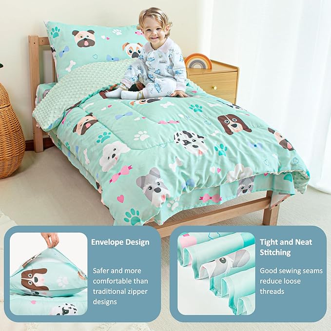TinyPalsa Toddler Bedding Set, 4-Piece Puppy Dog Comforter Set for Girls and Boys, Breathable Crib Bedding Includes Ultra-Soft Plush Minky Comforter, Flat and Fitted Sheets, and Reversible Pillowcase