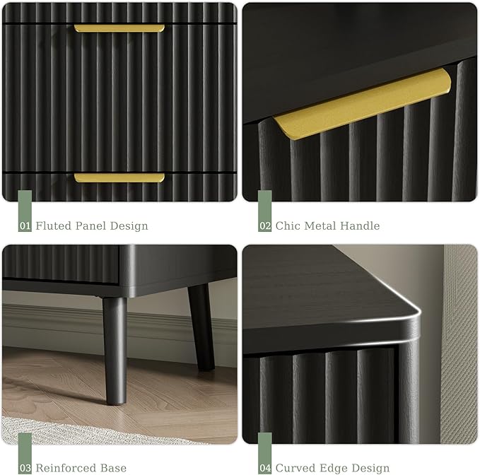 LYNSOM 55" Wide Fluted Dresser for Bedroom with 7 Drawer, Modern Chest of Drawers with Curved Profile Design and Metal Handles, Wood Dresser TV Stand & Storage Organizer for Living Room, Black