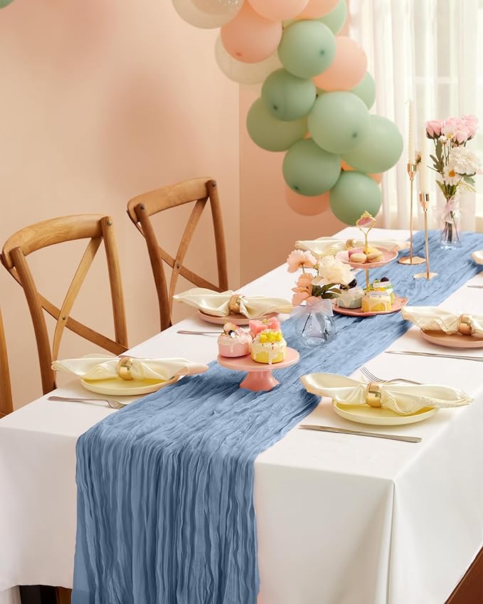 Pureegg 2-Pack Cheese Cloths Table Runner, 120'' Boho Table Cloth Decorations for Party, Baby Shower, Wedding and Farmhouse, Fabric Room Decor, Dusty Blue