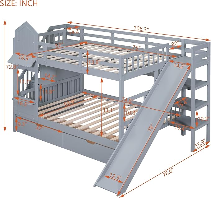 Full-Over-Full Bunk Beds Castle Style Bunk Bed with 2 Drawers 3 Shelves and Slide - Gray