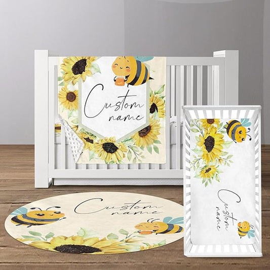 Custom Baby Crib Bedding Set - Yellow Bee Design Personalized Name Baby Nursery Bedding 3 Pcs Set - Chic Soft Blanket, Fitted Sheet, Room Rug for Newborns Boys Girls Gifts