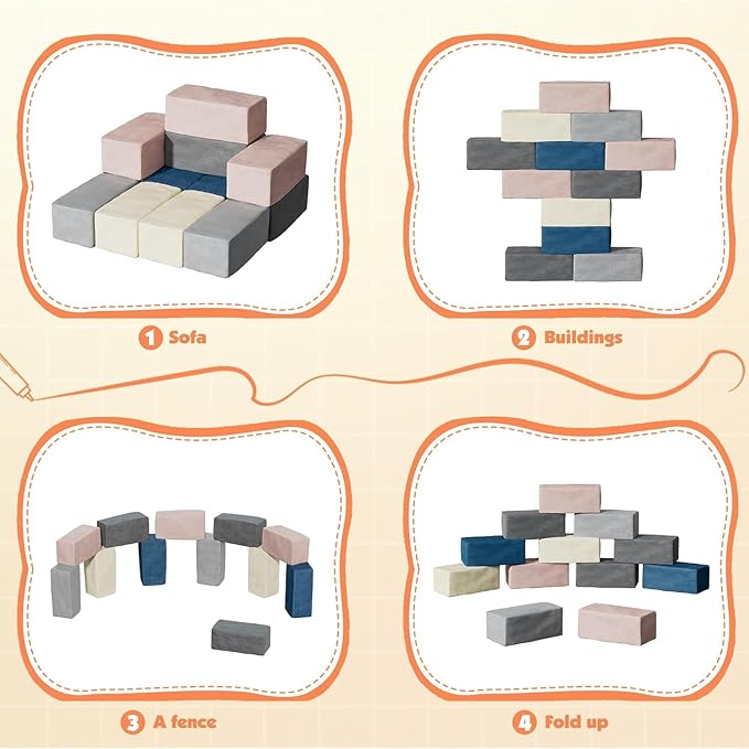 12 PCS Modular Kids Play Block Couch Child Sectional Soft Sofa Toddler Building Fortplay Climbing Bedroom Playroom Baby Convertible Floor Foam Cushion for Boys & Girls (12pcs+Rectangle)
