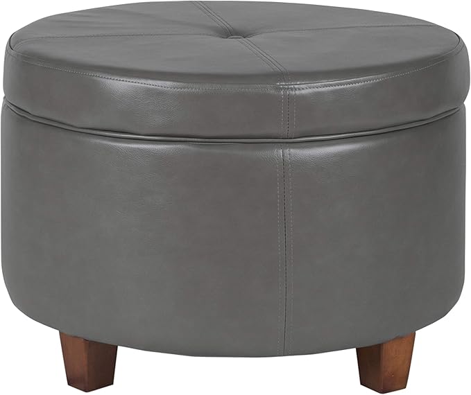 HomePop Round Leatherette Storage Ottoman with Lid, Charcoal Grey Large