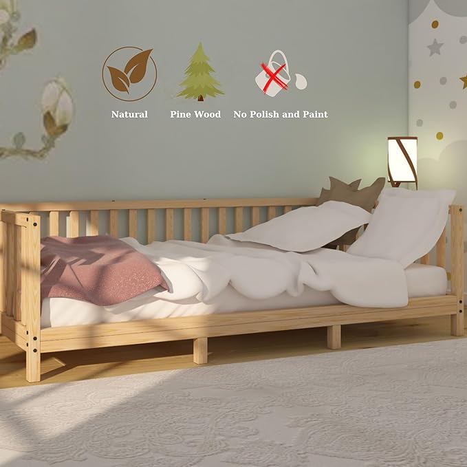 Montessori Floor Bed Designed with Open Front and Footed Model for Girls and Boys | Pine Wood Natural Solid Frame Bed with Slats | Sturdy Designed Floor Beds Frame for Kids (Twin, Height : 23 Inches)