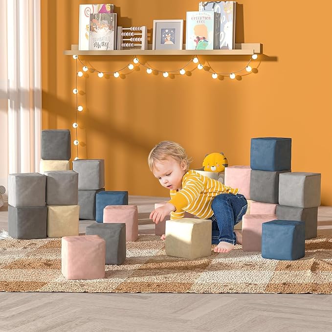 24 PCS Modular Kids Play Block Couch Child Sectional Soft Sofa Toddler Building Fortplay Climbing Bedroom Playroom Baby Convertible Floor Foam Cushion for Boys & Girls (24pcs+Square)
