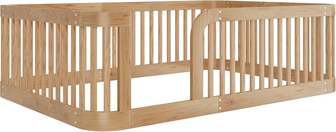 Full Size Floor Bed with Fence for Boys Girls, Solid Wood Natural Bed Frame, Natural