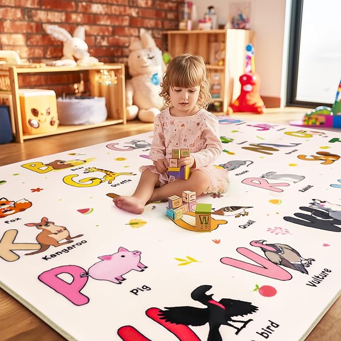 Kids Rugs for Playroom, 7x9 Feet Educational Rug for Learn The ABC Alphabet, Soft Machine Washable Non-Slip Cute Cartoon Animals Carpet for Classroom Toddler Nursery Kids Room Decor, Beige