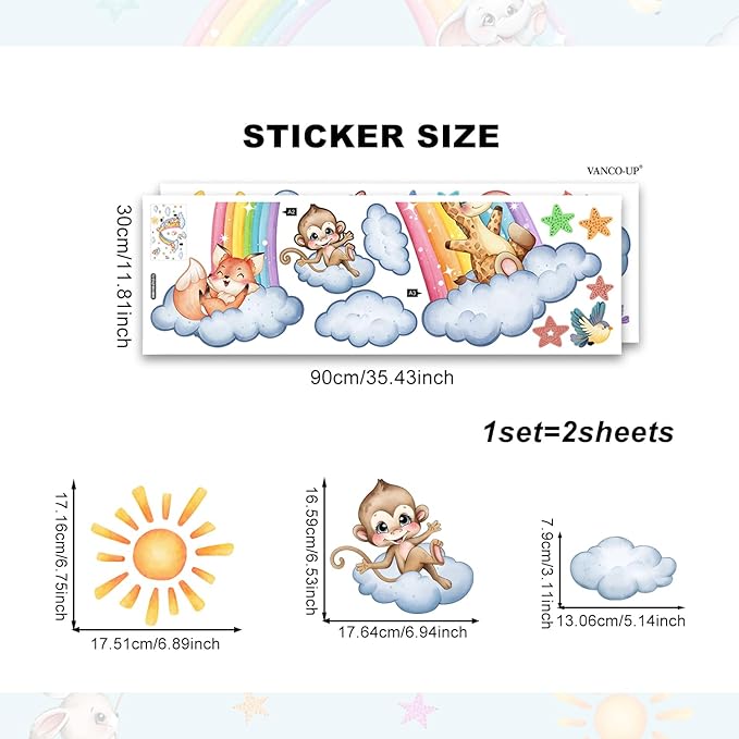 Colorful Rainbow Animals Wall Stickers Vinyl Cute Animal Cloud Wall Decals DIY Removable Decor for Kids Room Nursery Home Classroom Walls (35.43inch x 11.81inch)