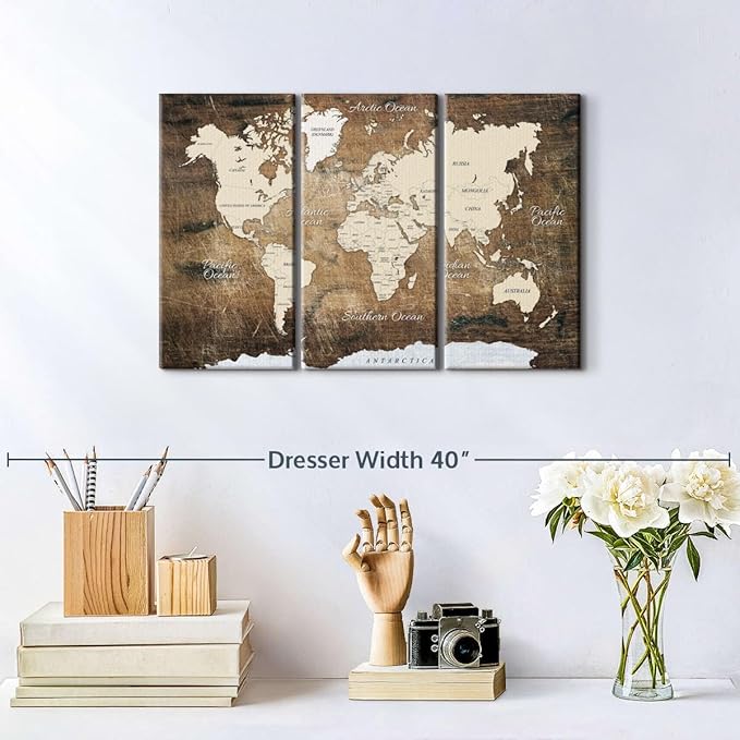 ElephantStock Aged Brown World Map I Wall Art - 3 Piece Canvas World Map Wall Decor - Ready-to-Hang Canvas Print - Vintage Wall Art - 23" X 14"