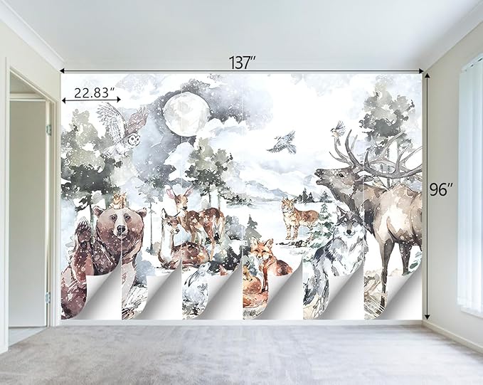 Boys or Girls Cartoon Watercolor Animals wallpeper Nursery Kids Bedroom Wall Mural - 137"x96"（Not Peel and Stick）