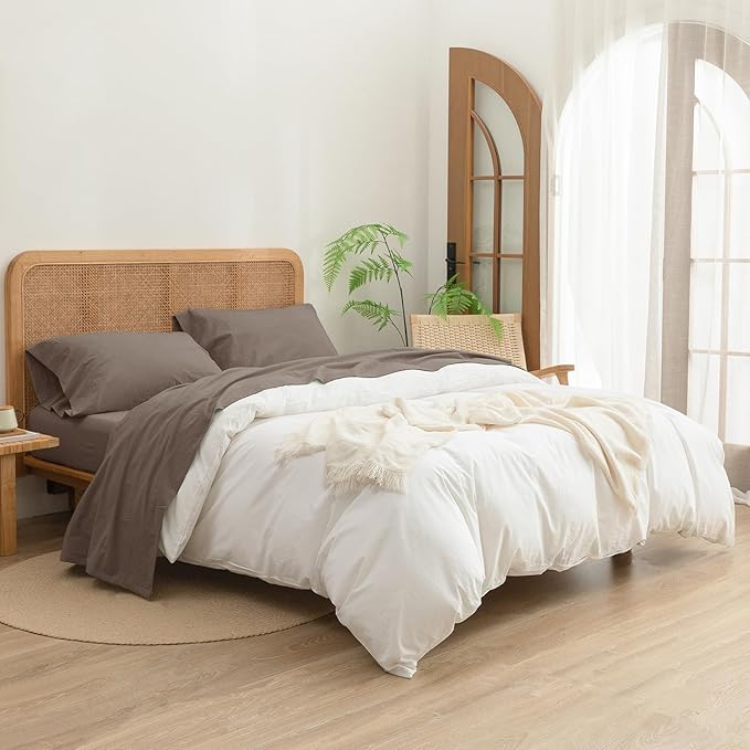 BESTOUCH Sheet Set 100% Washed Cotton Linen Feel Super Soft Comfortable Chic Lightweight 4 Pcs Home Bedding Set Solid Pine Bark Brown King