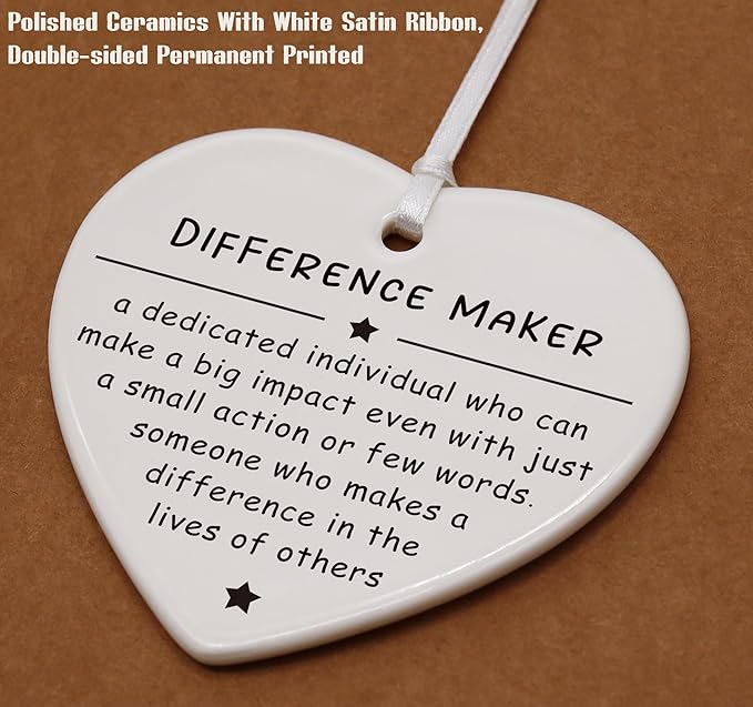 Heart Shaped Christmas Ornament-Difference Maker Definition Colleague Coworker Boss Leader Teacher Gift-Promotion Retirement Farewell Appreciation Present-Ceramic Keepsake Decor-Thank You Present