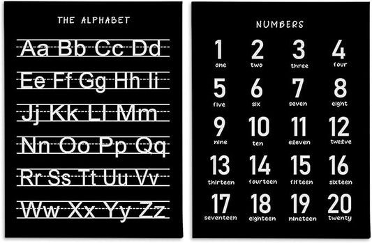 HRQKO Black Alphabet Numbers Nursery Canvas Wall Art Set of 2, Kids Room Decor Framed Art, Black ABC Numbers Educational Posters Wall Decor for Classroom Toddler Nursery Bedroom Playroom, 11x14 inch