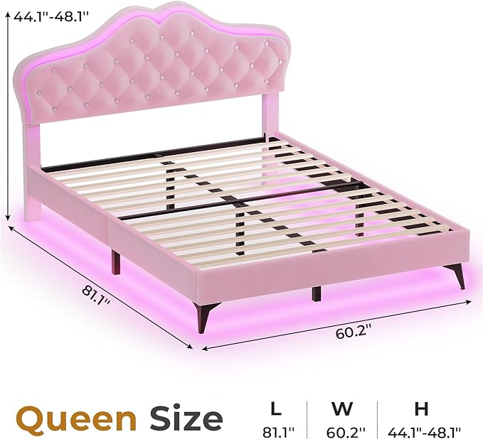 ADORNEVE Queen Size Upholstered LED Bed Frame, Girls Bed with Adjustable Crystal Button Headboard, Velvet Princess Platform Bed for Girls, Solid Wooden Slats, Easy Assembly, Pink