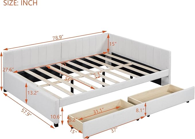 Harper & Bright Designs Full Size Upholstered Daybed with 2 Storage Drawers Sofa Bed Frame for Boys Girls Kids Adults Toddler No Box Spring Needed, Linen Fabric (Beige)